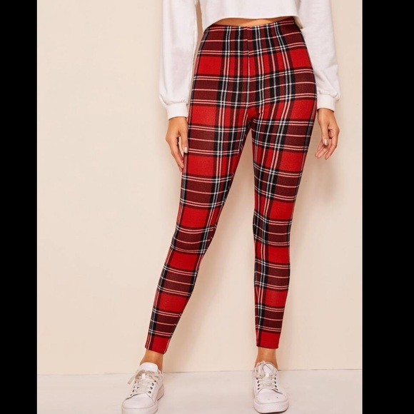 SHEIN Pants - Women’s high waisted red plaid tartan leggings